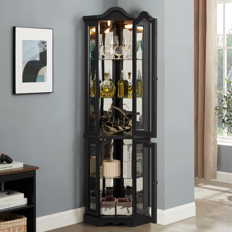 Lighted Corner Curio Cabinet, Freestanding Glass Display Cabinet, Wooden China Cabinet with Tempered Glass Doors & Shelves