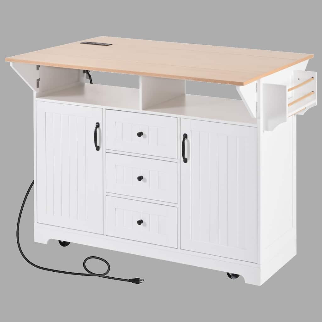 Rolling Kitchen Island with 2 Drop Leaves, 5 Wheels, Power Outlet, 3 Drawers, and Storage Shelves
