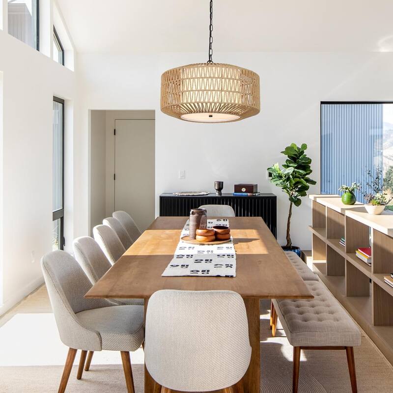Farmhouse Chandelier Light Fixture,4-Light Rattan Chandeliers with Fabric Shade,Hand Woven Large Rattan Light Fixture