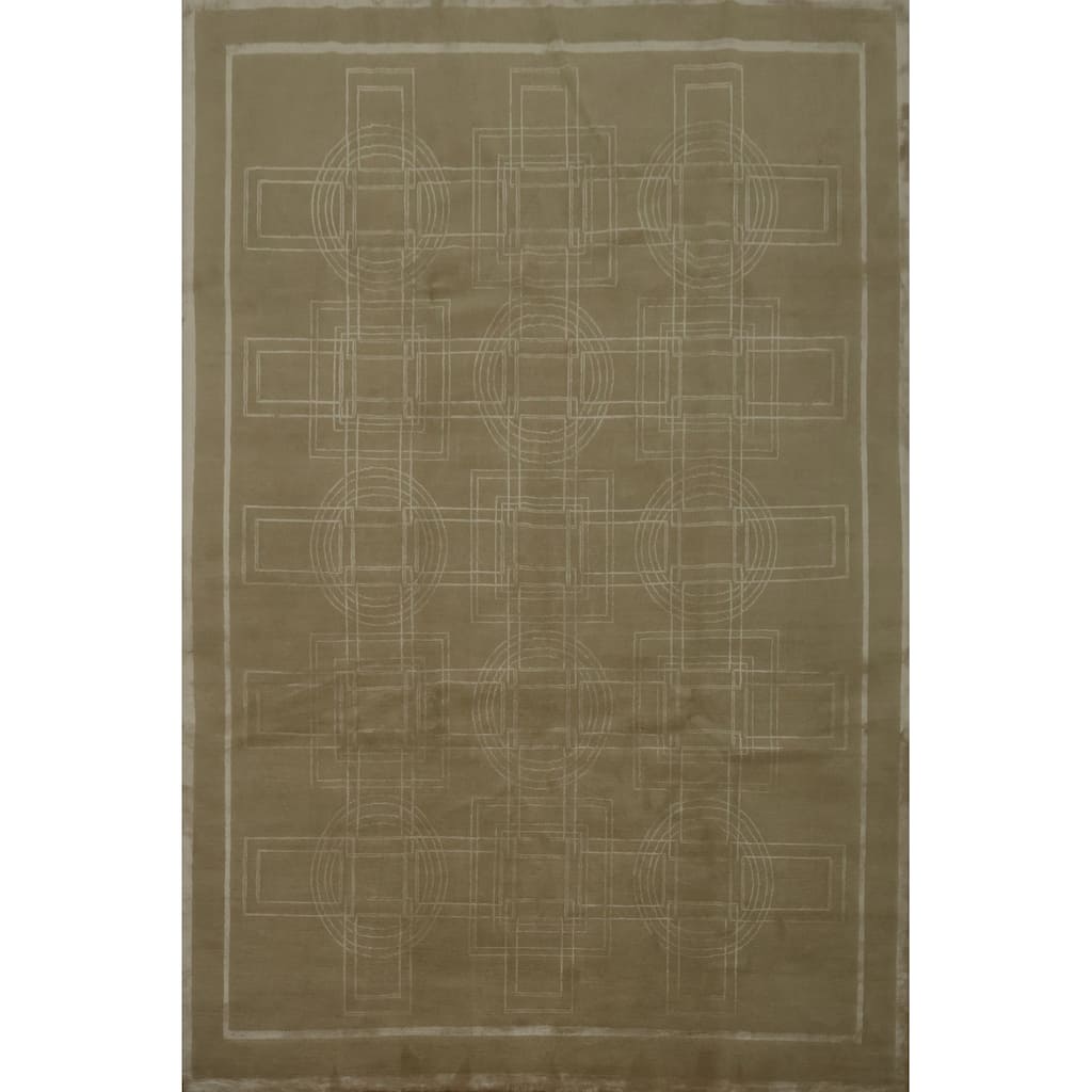 Hand Knotted Oriental Wool & Silk Carpet Modern Geometric Beige & Ivories Nepalese Area Rug - 10' 0'' X 8' 1''