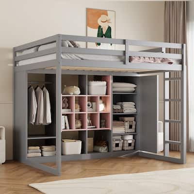 Full Size Wood Loft Bed with Wardrobe, shelves and Cabinet, Gray+Pink