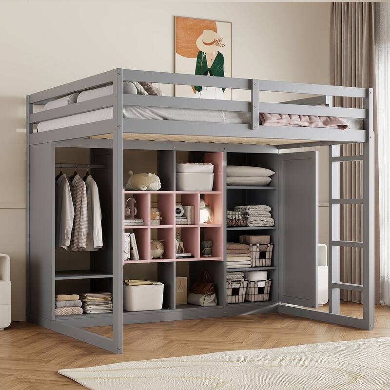Full Size Wood Loft Bed with Wardrobe Shelves and Cabinet Storage - Pink Grey