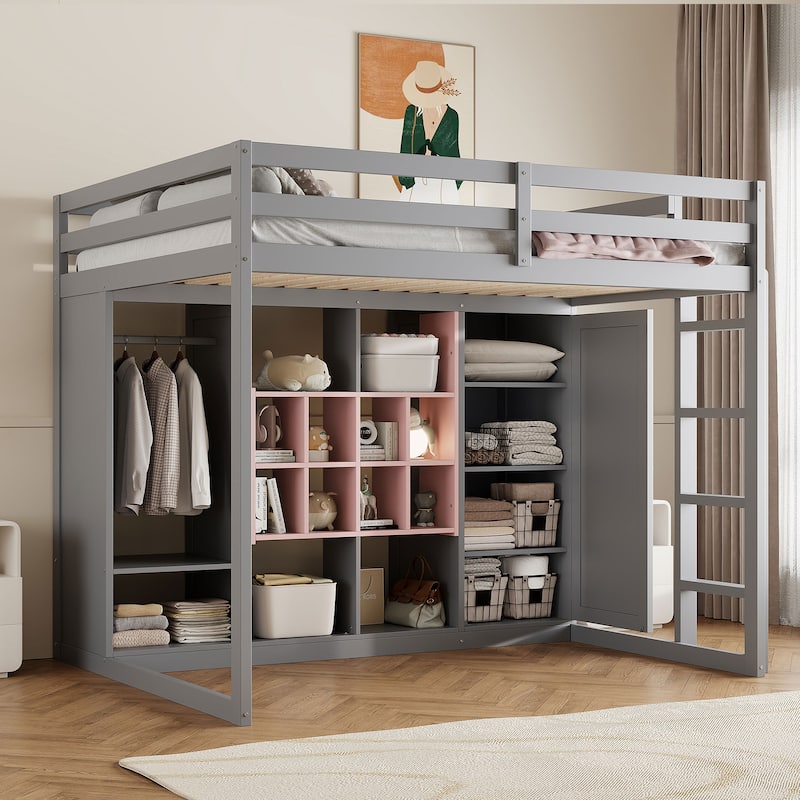 Space-Saving Wood Loft Bed with Wardrobe, Shelves, and Cabinet in Gray and Pink - Pink+Grey