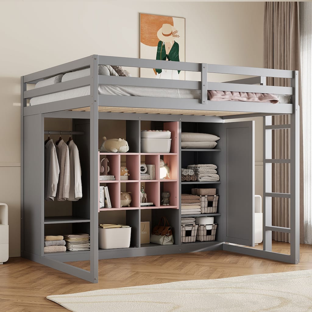 Space-Saving Wood Loft Bed with Wardrobe, Shelves, and Cabinet in Gray and Pink