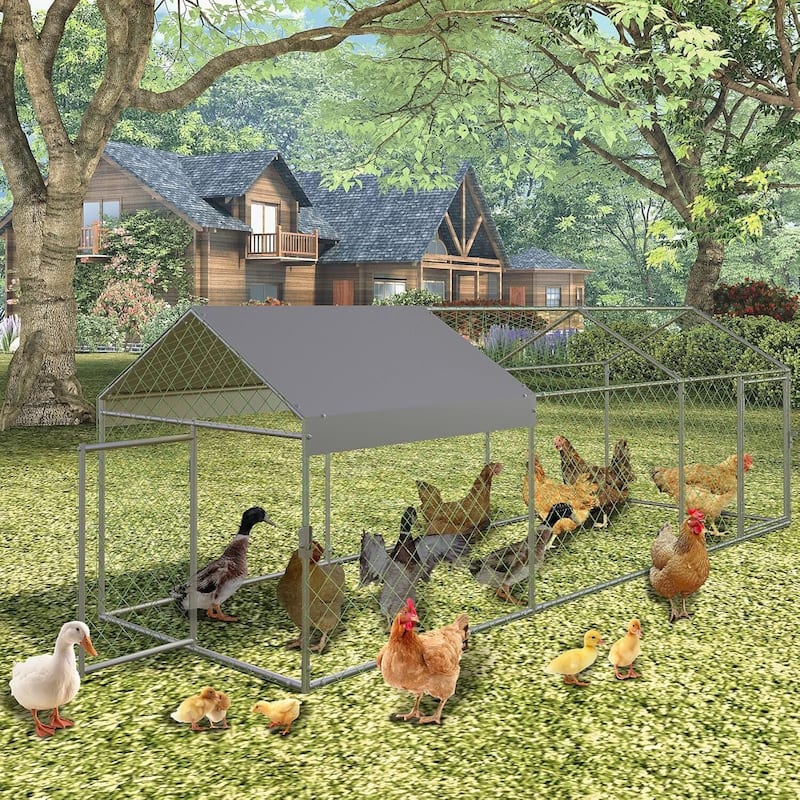 Heavy Duty Large Metal Chicken Coop, Walk-in Poultry Run with Lockable Door - Silver