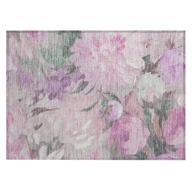 Machine Washable Indoor/ Outdoor Watercolor Floral Chantille Rug