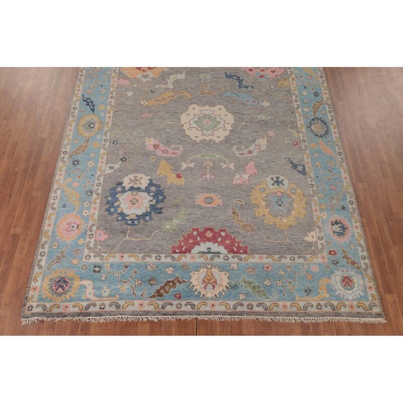 Gray Floral Oushak Area Rug Hand-Knotted Wool Carpet - 8'8"x 11'10"