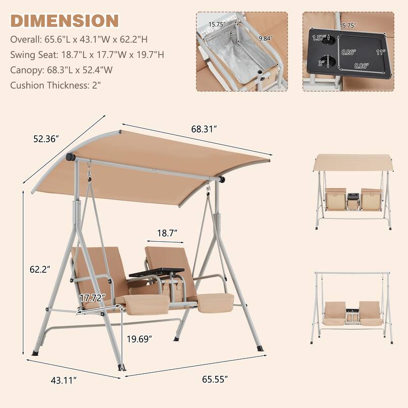 Outdoor Swing with Stand, Canopy, Pivot Table & 2 Cup Holders - Patio, Balcony, Bedroom
