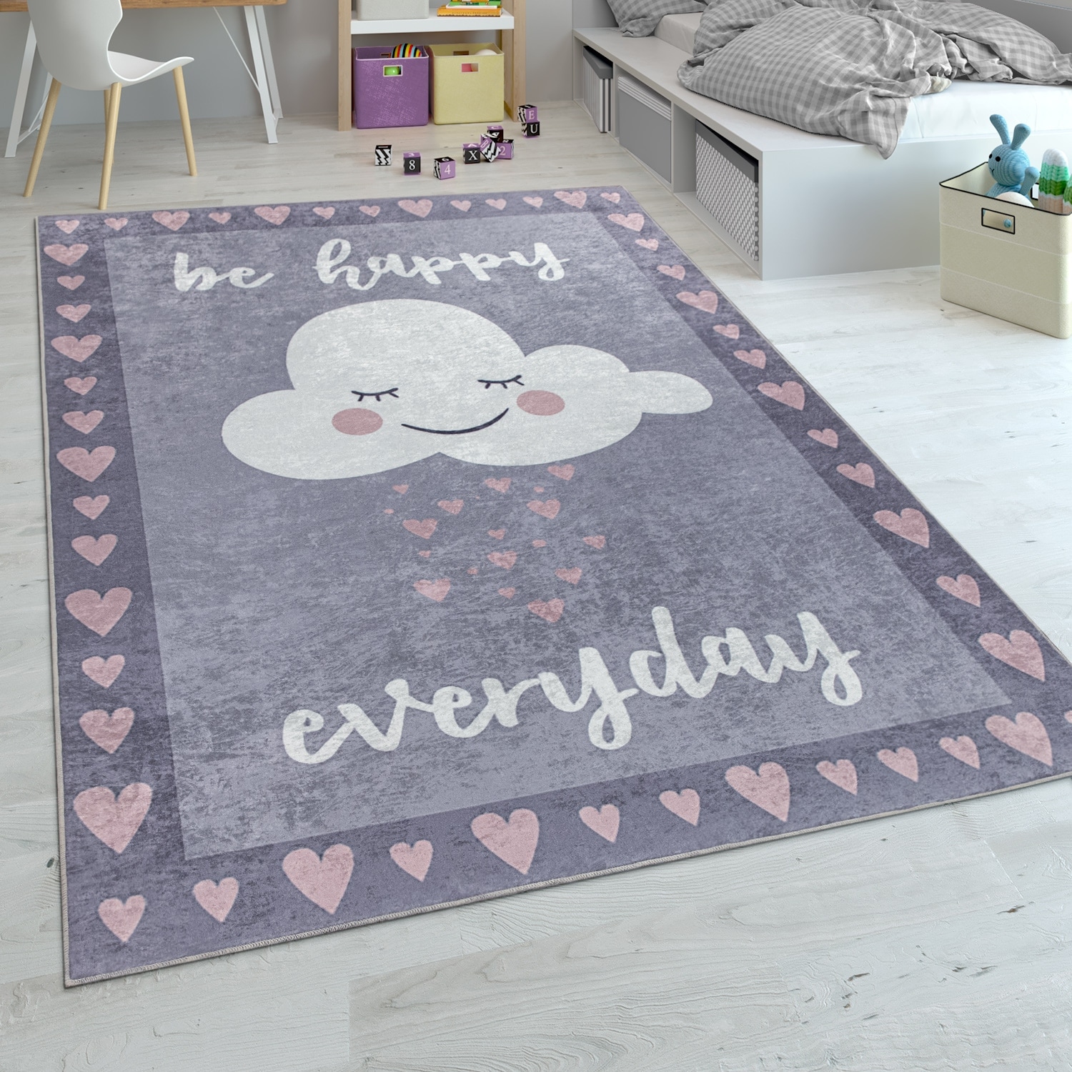 Kid's Rug Playmat Sweet Cloud and Stars in Grey Pi...