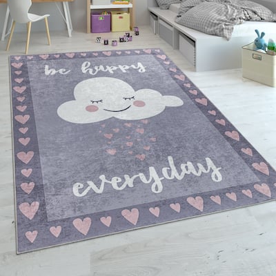 Kid's Rug Playmat Sweet Cloud and Stars in Grey Pink
