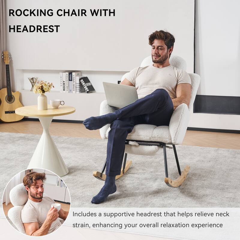 Comfortable Teddy Fabric Upholstered Rocking Chair with High Backrest and Pillows for Indoor Use