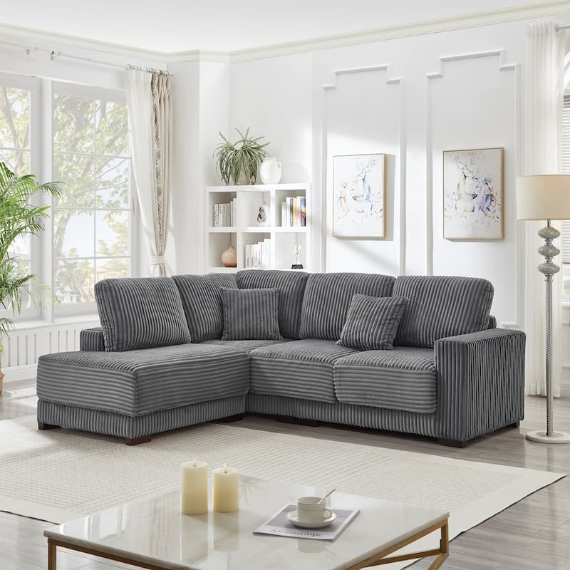 L Shaped Sectional Sofa with Reversible Chaise Lounge, Convertible Sectional 3 Seat Sofa, Corduroy Upholstered Corner Sofa - Grey