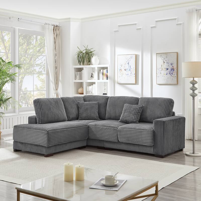 L-shaped Sectional Sofa with Reversible Chaise Lounge and Pillwo Corduroy Upholstered Couch with Removed Sofa Covers