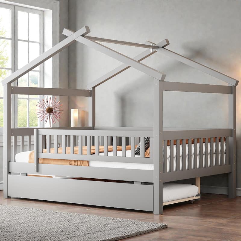 Twin/Full Wooden House Bed with Twin Trundle, Kids Platform Bed Frame with Roof Design, Solid Pine Wood