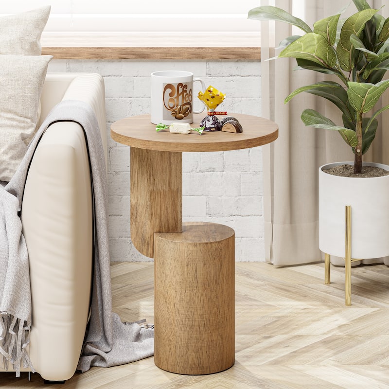 COZAYH Modern Small Drink Table with Geometric Base, Minimalist Tall End Table for Small Space, Natural - Natural