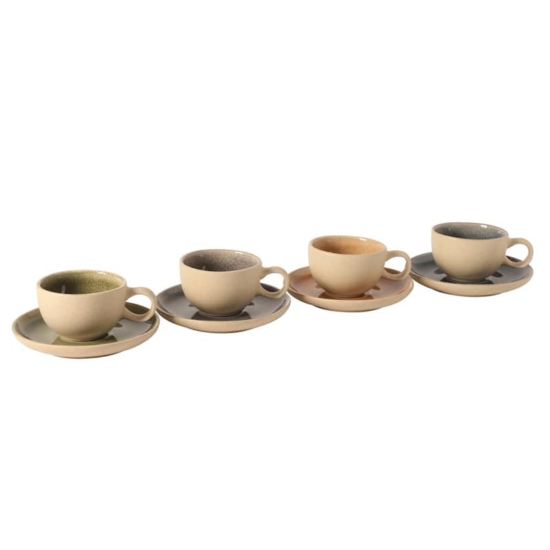 Gibson Elite Manila Bay 8-Piece Stoneware 5 oz Reactive Glaze Expresso & Coffee Cup and Saucer Set, Assorted Colors