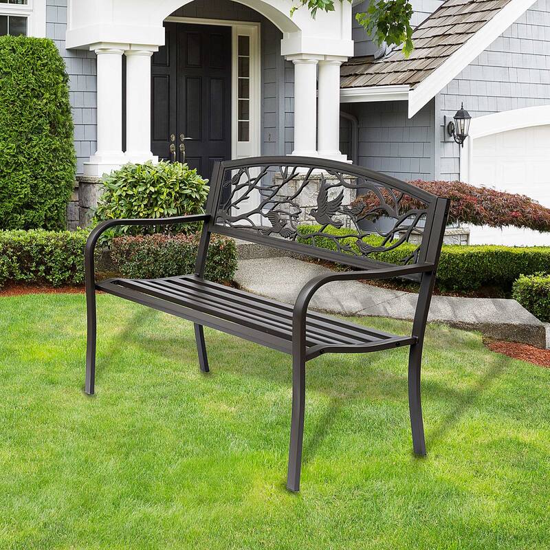 Garden Bench, Outdoor Patio Bench With Animal Pattern, Cast Steel Metal Bench For Yard, Lawn, Porch