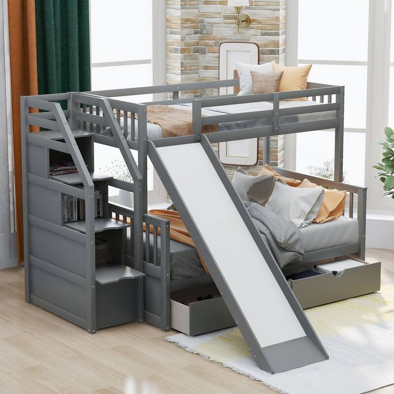 Multifunctional Twin over Full Bunk Bed with Drawers, Storage, and Slide in Gray