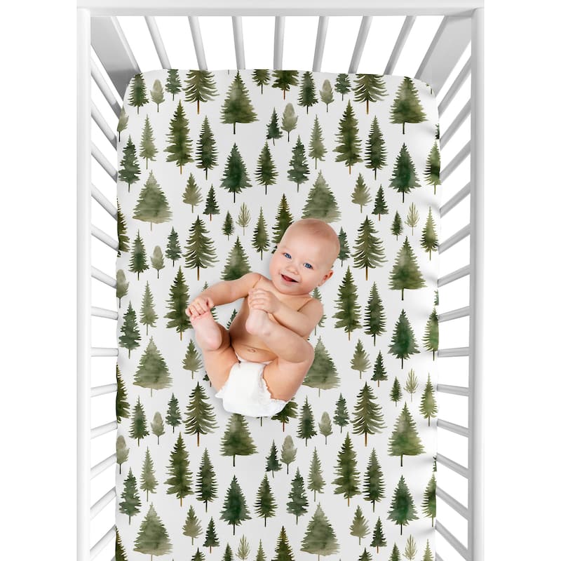Sweet Jojo Designs Sage Green Woodland Boy Girl Gender Neutral Unisex Fitted Crib Sheet Forest Themed Pine Tree Watercolor Woods