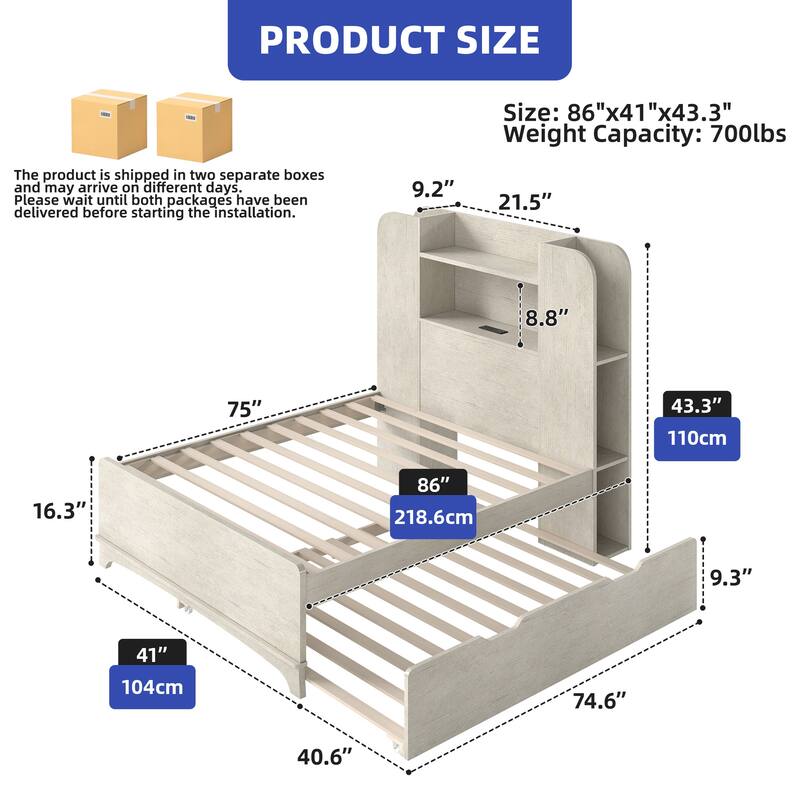 Bed with Trundle, Twin Size Bed Frame with Bookcase Daybed Storage Headboard and Charging Station & RGB LED Lights Bed