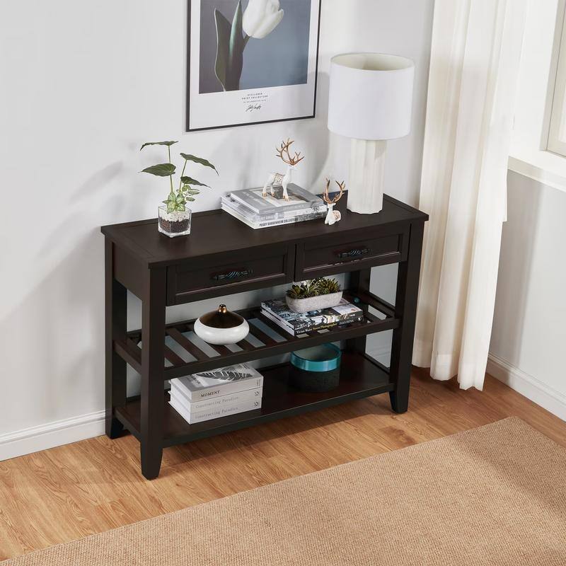 Vintage-Inspired Pine Console Table - Two-Tier Open Shelf Design for Living Spaces‌. - Light Coffee
