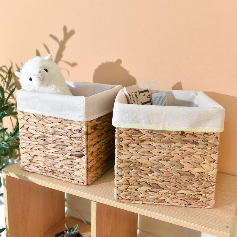 StorageWorks Water Hyacinth Storage Basket Natural Wicker Storage Baskets with Liners (2-Pack)