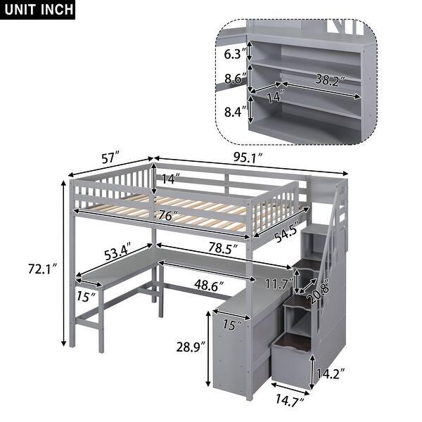 Full Size Loft Bed with Built-in L-Shaped Desk, Storage Shelves, and Storage Staircase