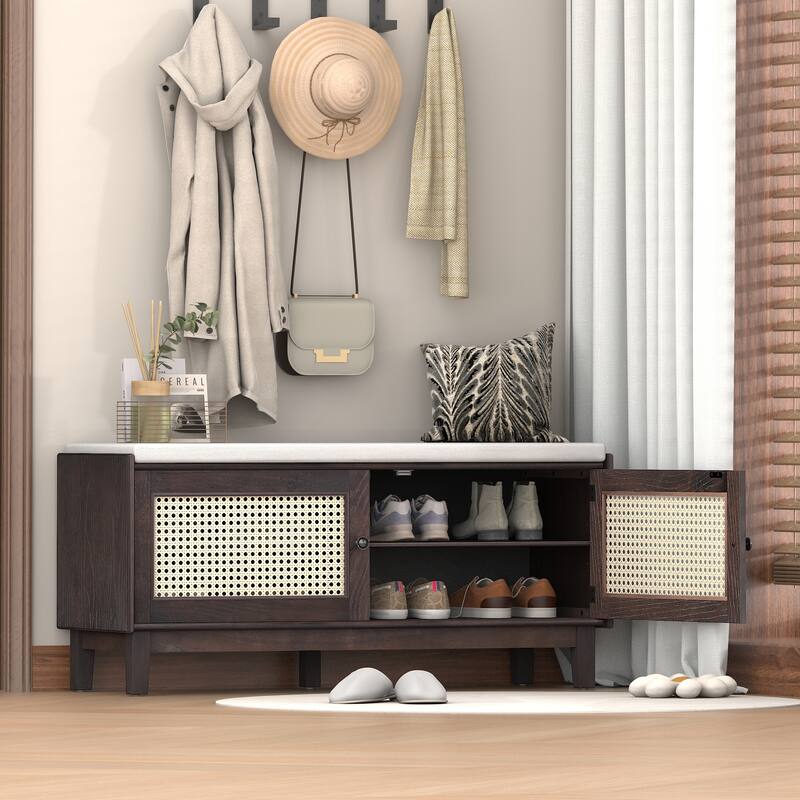 Roomfitters Entryway Storage Bench, Boho Rattan Cabinet, Hallway Organizer Seat with Cushion