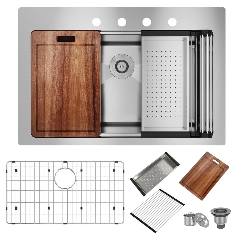 33 in. Drop-in Single Bowl Brushed Stainless Steel Workstation Kitchen Sink with Accessories, cUPC Certified