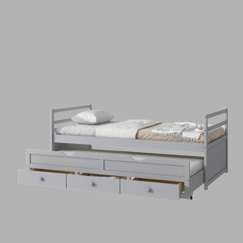 Twin Bed with Pull-Out Trundle, Three Storage Drawers, Pine Wood Frame, Headboard & Footboard