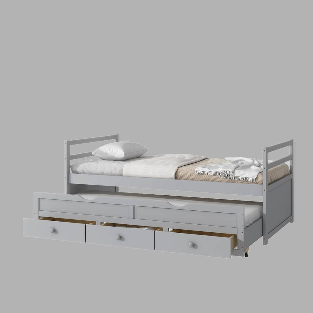 Twin Bed with Pull-Out Trundle, Three Storage Drawers, Pine Wood Frame, Headboard & Footboard
