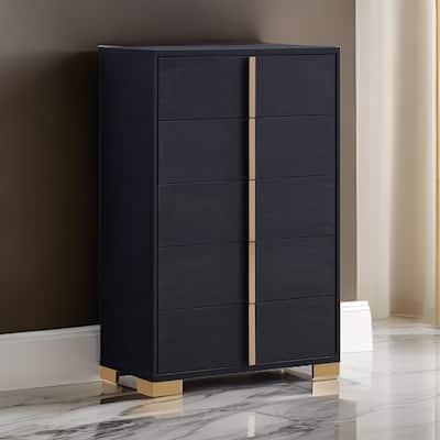 Dex 50 Inch Tall Dresser Chest, 5 Drawers with Vertical Gold Handles, Black
