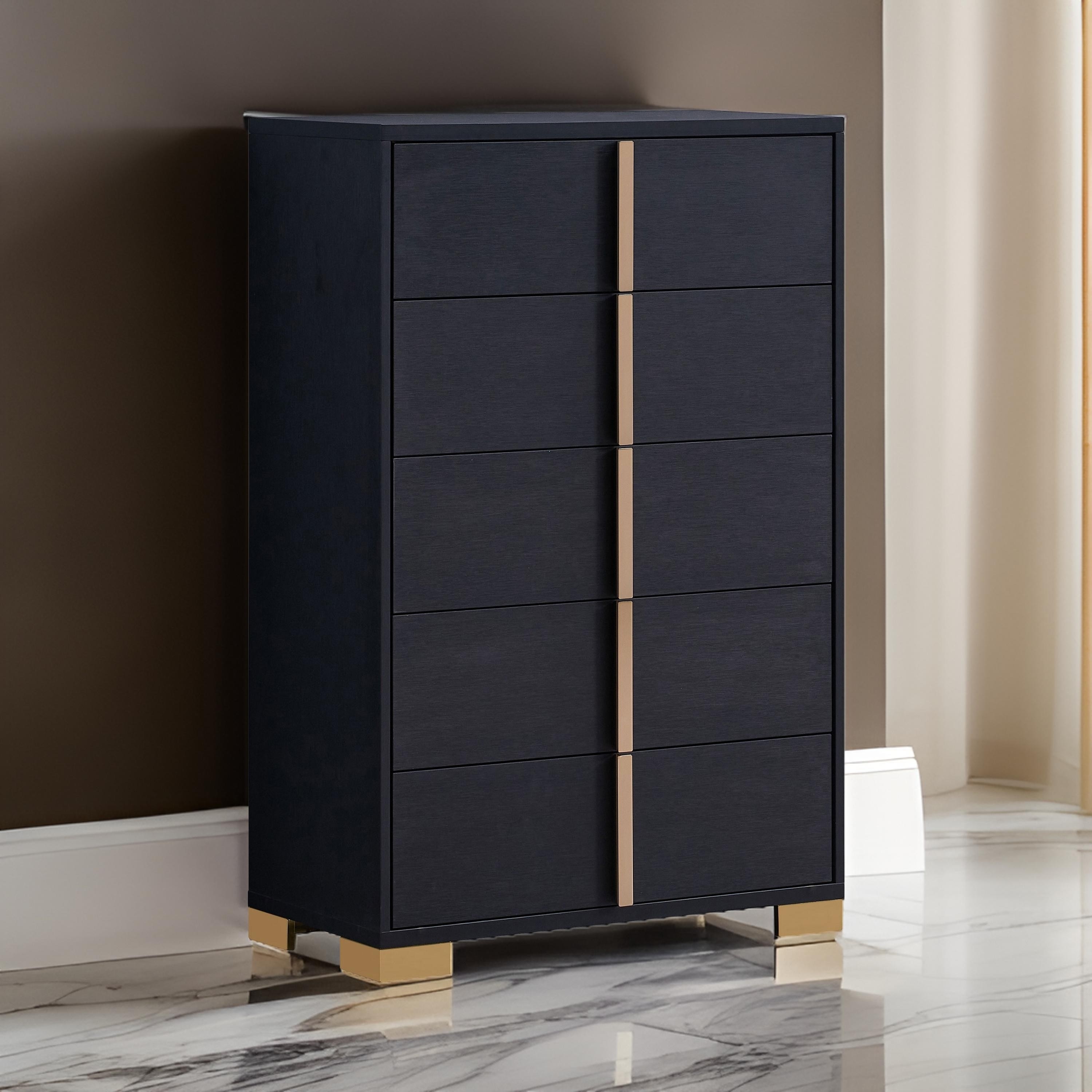 Dex 50 Inch Tall Dresser Chest, 5 Drawers with Vertical Gold Handles, Black