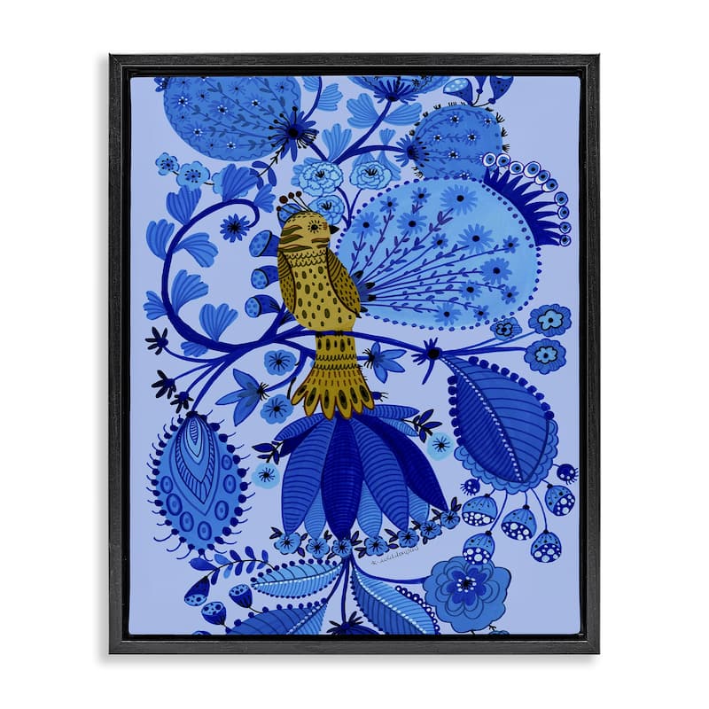 Stupell Folk Inspired Whimsical Bird Framed Floater Canvas Wall Art Design By Kay Widdowson - 17 x 21 - Black