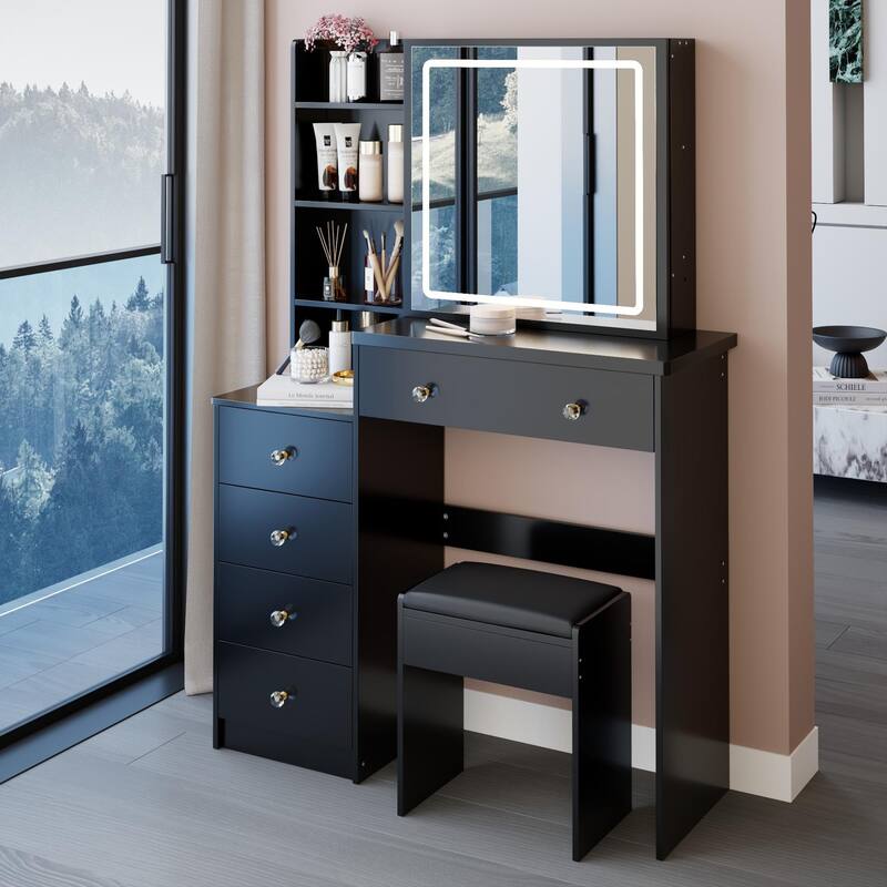 37" Middle Size Left Bedside Cabinet Vanity Table + Cushioned Stool, Large Sliding, Touch Control, Brightness Adjust LED Mirror