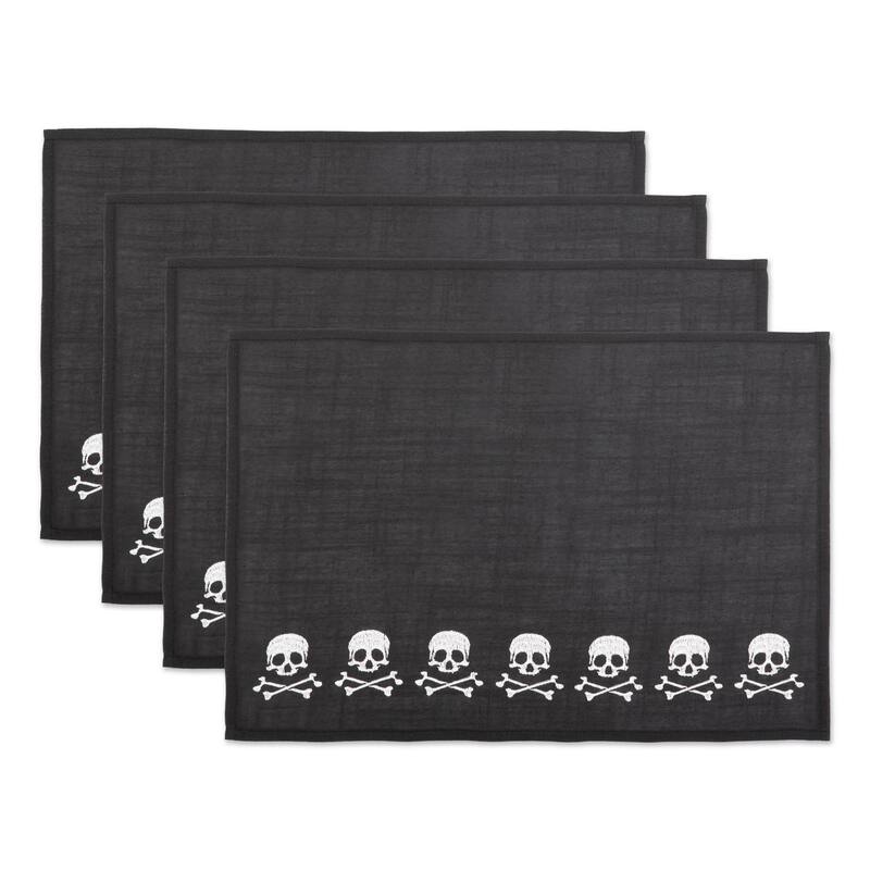 Embroidered Skulls Halloween Cotton Placemats - 19" - Black - Set of 4