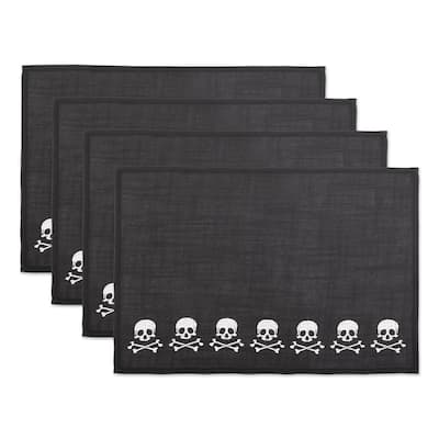 Embroidered Skulls Halloween Cotton Placemats - 19" - Black - Set of 4