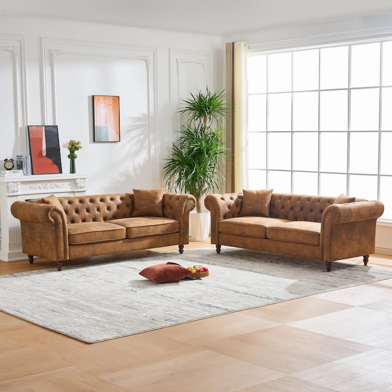 Roomfitters Two 80" Classic Chesterfield Upholstered Sofa Set, Button Back Scrolled Arm 3+3 Living Room Couch Set, Brown - Brown