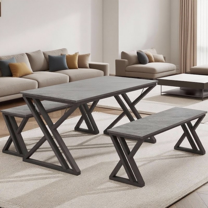 Kitchen Table Set , with X Metal Frame and Benches - Grey