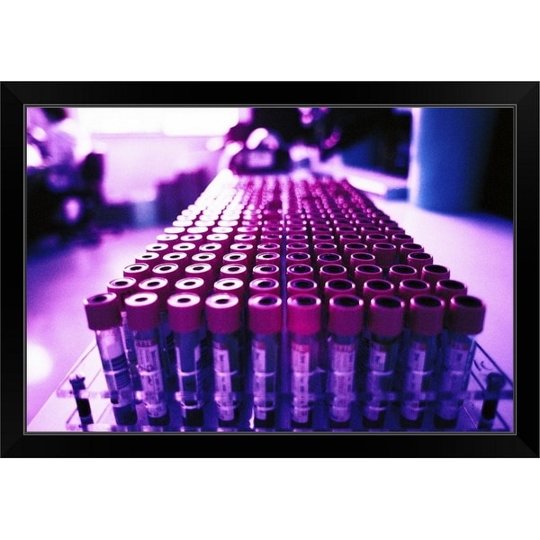 "Close-up of an array of vials on a laboratory counter" Black Framed Print