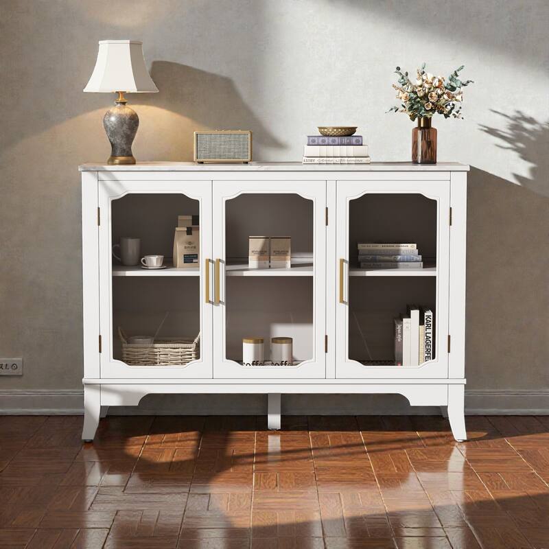 48'' Modern Storage Cabinet with 3 Doors, Large Sideboard with Adjustable Shelves for Entryway, Living Room or Dining Room - Ancient White