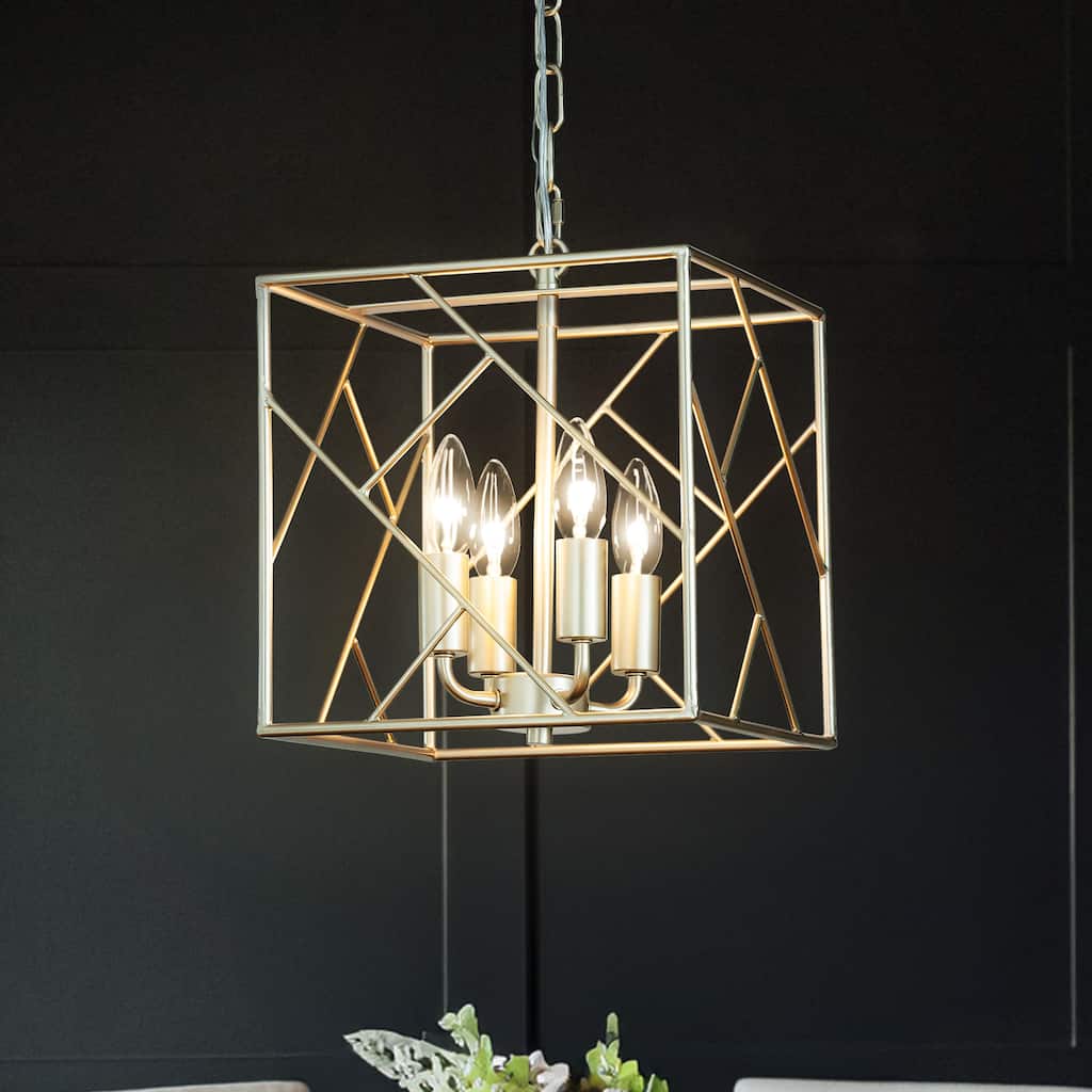 Antique Silver 4-Light Lantern Chandelier Modern Contemporary Square Cage Ceiling Pendant Lighting for Kitchen Island - W11''