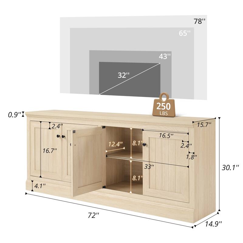 72 Inch Sideboard with Storage Cabinets, Minimalist TV Stand for Living Room, Entryway & Pantry, Dark Walnut