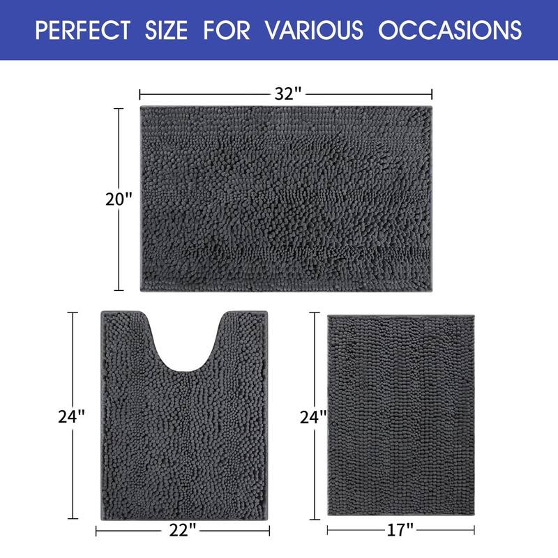 Ultra Soft Striped Non Slip Chenille Bathroom Rug Set 3 Pieces