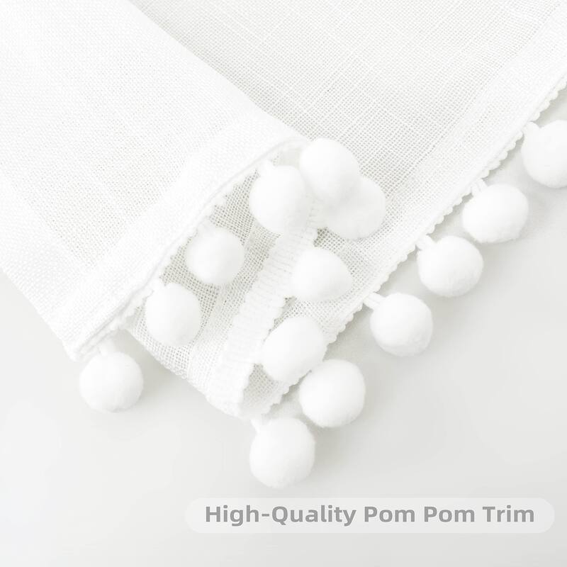 DriftAway Solid Color Linen Textured Slub Sheer with Pom Pom Trim Tie Up Adjustable Balloon Rod Pocket Window Curtains