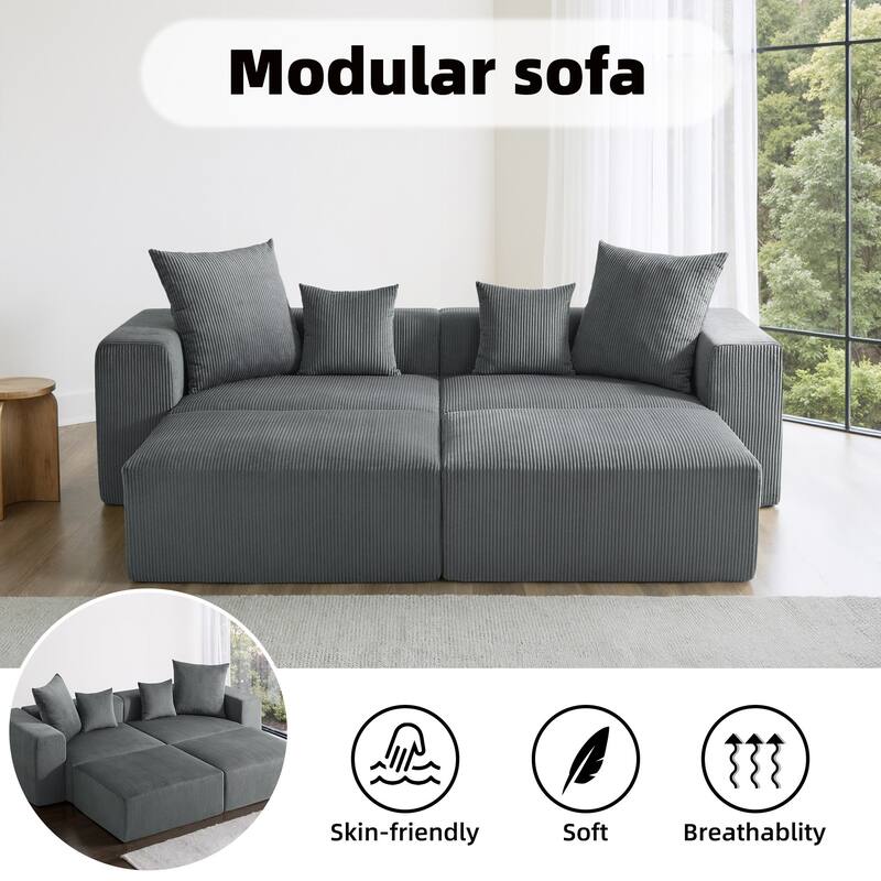 4-Piece Modern Corduroy Modular Sectional Sofa Set with 4 Throw Pillows