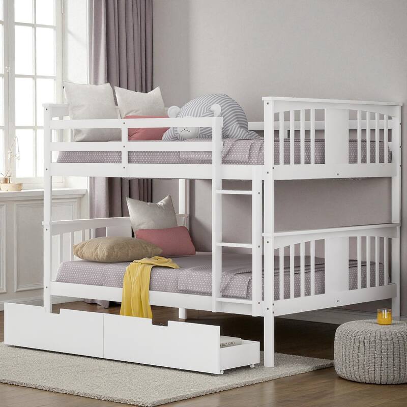 Twin Over Twin Bunk Bed with Ladder, Solid Wood Low Bunk Bed Frame with Guardrails, Space-Saving Design for Kids Bedroom