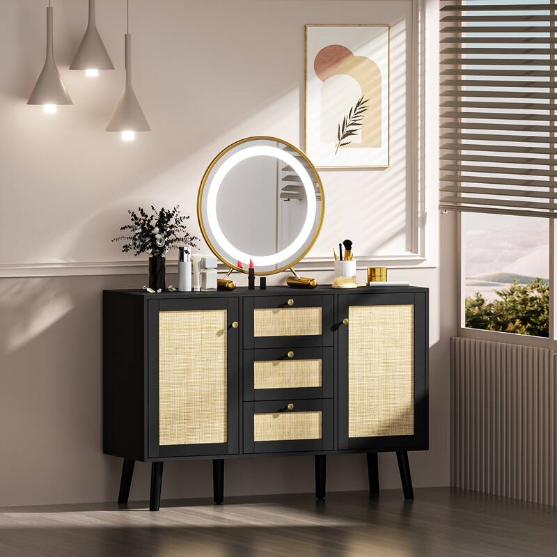 Anmytek Modern Wood Rattan Black Buffet Sideboard Accent Storage Cabinet with 3 Drawers and 2 Doors