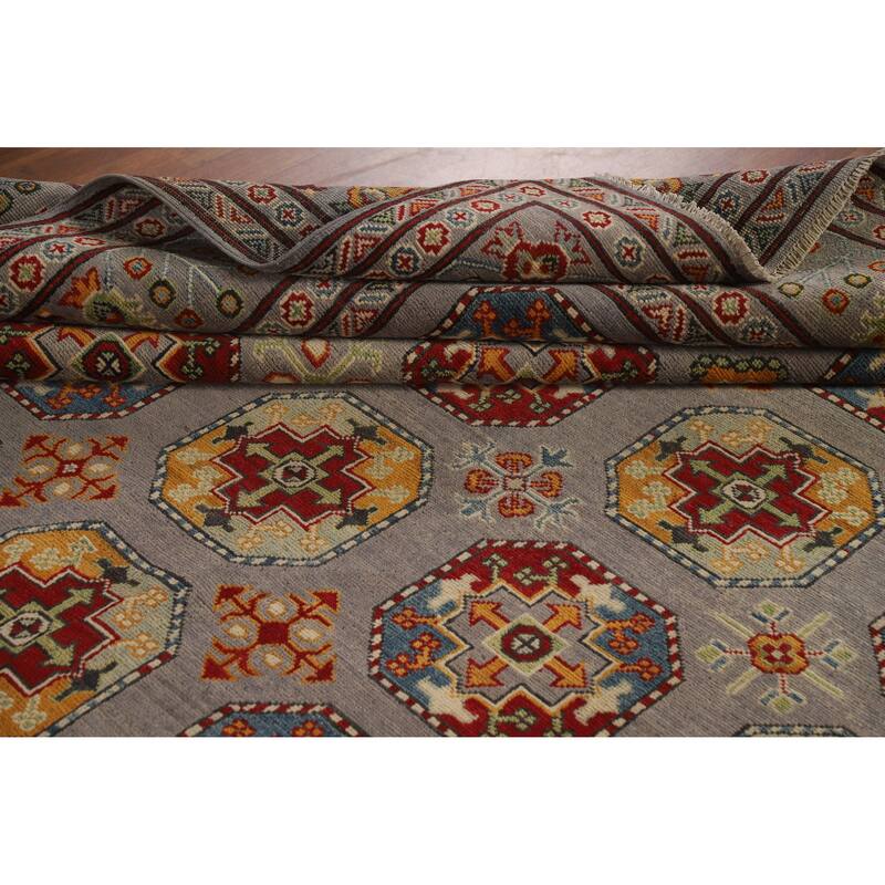 Hand Knotted Oriental 100% Wool Carpet Traditional Geometric Greys & Charcoal Kazak Area Rug - 11' 4'' X 8' 5''