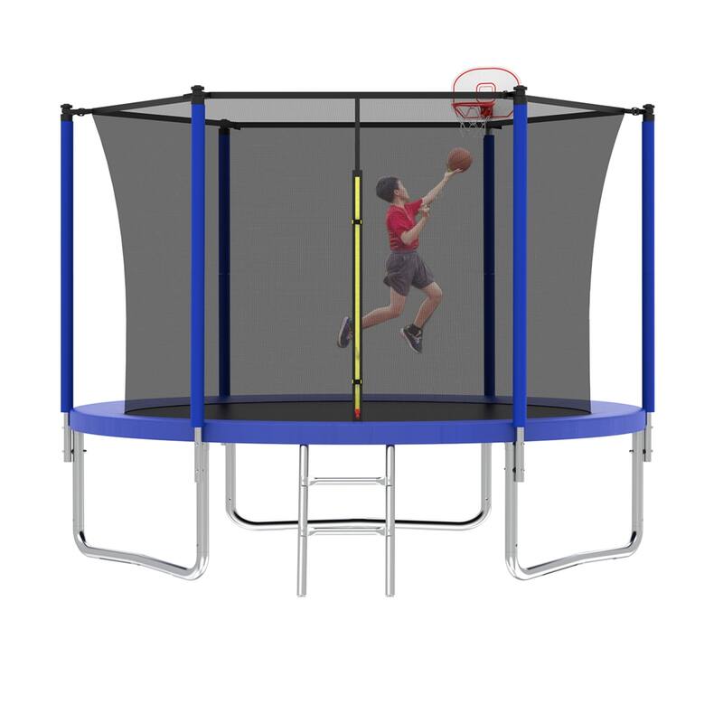 Outdoor Kids Trampoline with Basketball Hoop and Ladder, with Safety Enclosure for Backyard Fun
